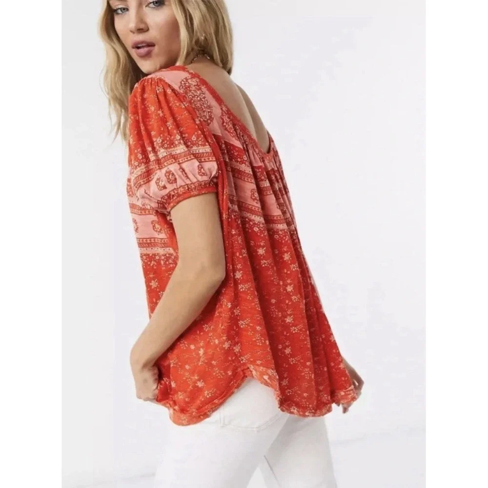 Free People Fruit Punch Combo Top S Paisley Boho Puff‎ Sleeves Oversized Red
